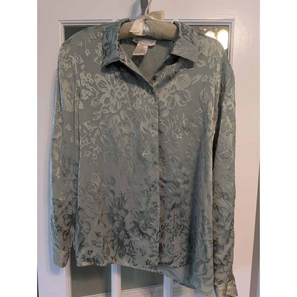 Jones New York Vintage Sage Green Burnout Silk Floral Blouse Shoulder Pads 16